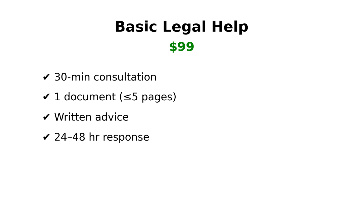 Basic Legal Help Package – $99